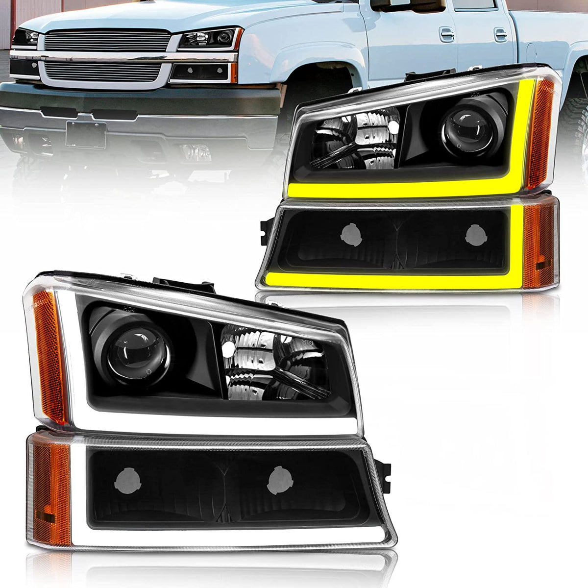 2003-2006 Silverado Headlight Assembly For Chevy Avalanche 150025003500 Clear Chrome Lens With Amber Reflector Replacement Left And Right