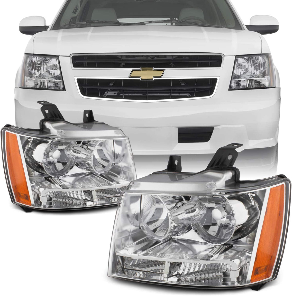 Akkon For 0713 Suburban Tahoe Avalanche Chrome Clear Headlights Direct Replacement Left Right